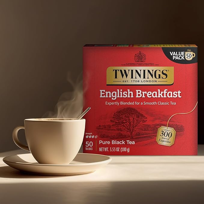 Twinings English Breakfast Black Tea Individually Wrapped Bags, 50 Count (Pack of 6), Flavourful, Robust, Caffeinated, Enjoy Hot or Iced