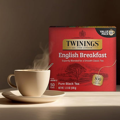 Twinings English Breakfast Black Tea Individually Wrapped Bags, 50 Count (Pack of 6), Flavourful, Robust, Caffeinated, Enjoy Hot or Iced