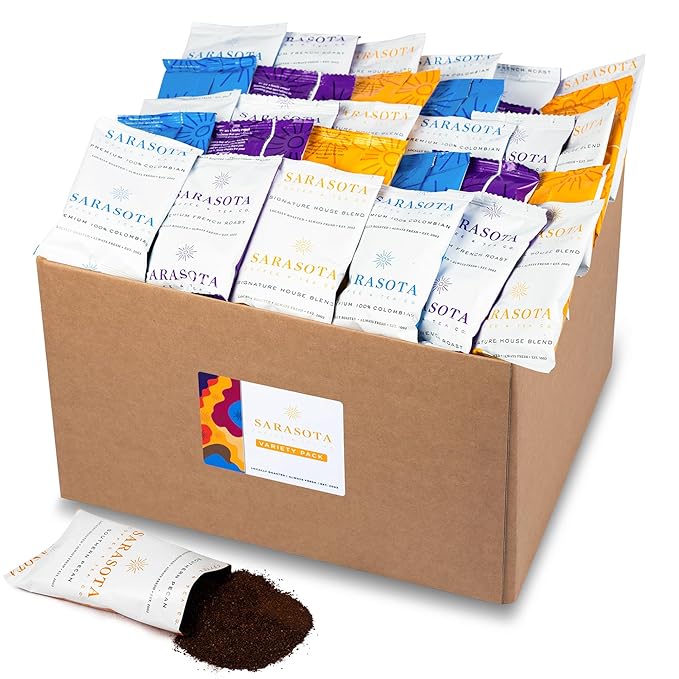 Sarasota Coffee Packs Bulk Ground Packets | Medium, Colombian, & Dark Roast Variety | Gourmet Assorted Sampler | Low Acid Mold Free Individual Pouches for 12 Cup Coffee Maker | 1.75 Oz Bags, 100 Count