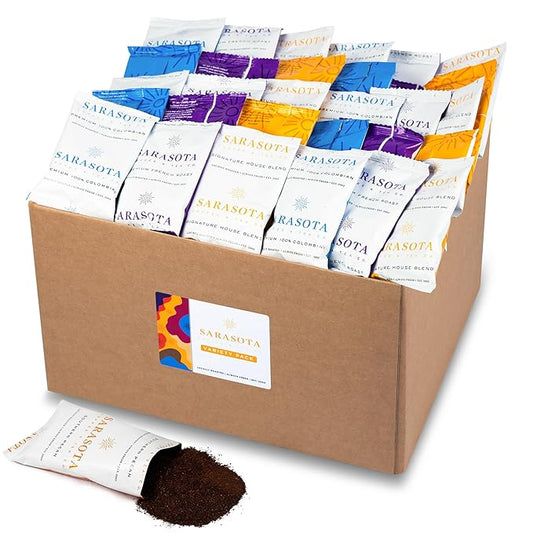 Sarasota Coffee Packs Bulk Ground Packets | Medium, Colombian, & Dark Roast Variety | Gourmet Assorted Sampler | Low Acid Mold Free Individual Pouches for 12 Cup Coffee Maker | 1.75 Oz Bags, 100 Count