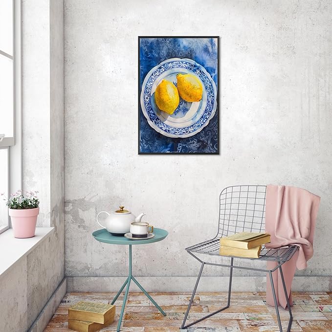 Vintage Yellow Fruit Orange Kitchen Wall Art Funky Blue Dining Table Plates Ceramics Canvas Posters Family Restaurant Food Fruits Prints Painting For Modern Living Room Wall Decor 16x24in Framed