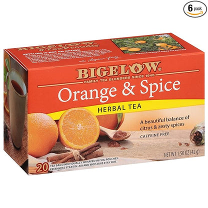 Bigelow Tea Orange & Spice Herbal Tea, Caffeine Free Tea with Orange and Herbs, 20 Count Box (Pack of 6), 120 Total Tea Bags