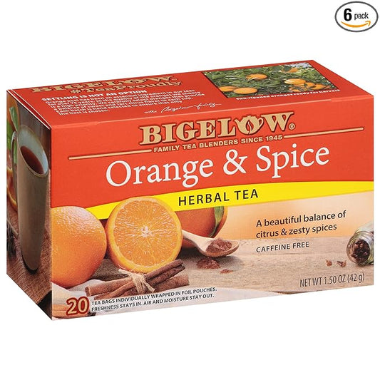 Bigelow Tea Orange & Spice Herbal Tea, Caffeine Free Tea with Orange and Herbs, 20 Count Box (Pack of 6), 120 Total Tea Bags