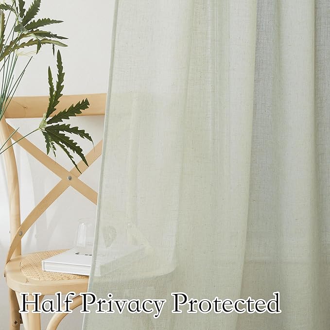 RYB HOME Linen Kitchen Curtains - Back Tab Natural Soft Texture Light Filtering Half Privacy Semi Sheer for Living Room Doorway Home Office, W 52 x L 36 inch, 2 Pcs, Sage Green