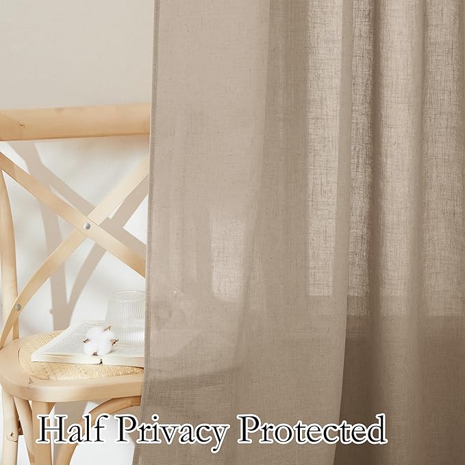 RYB HOME Semi Sheer Linen Blend Curtains - Back Tab 70 inches Widith Light Filtering Half Privacy Home Decor for Long Windows Living Room Bedroom Nursery, W 70 x L 84 inch, 2 Pcs, Khaki