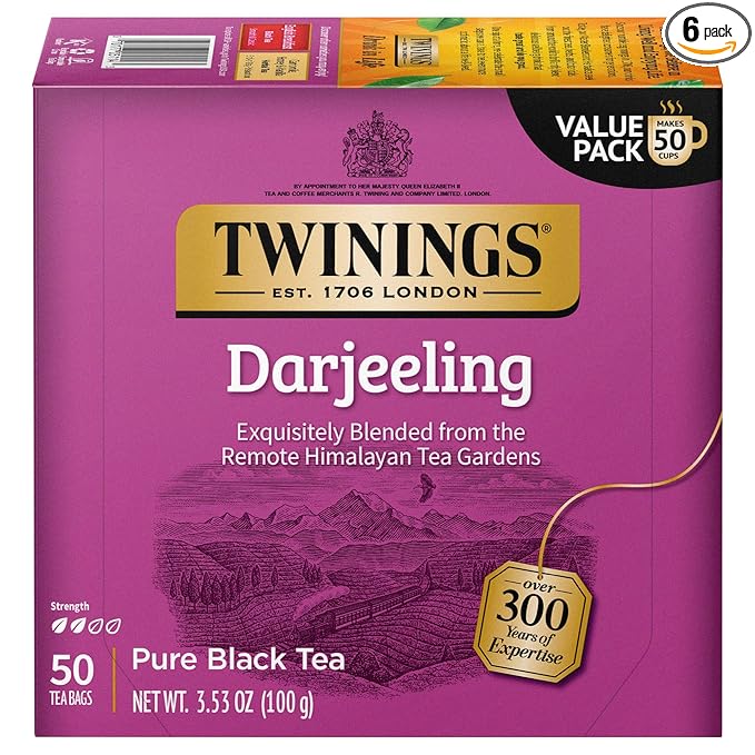 Twinings Darjeeling Black Tea Individually Wrapped Bags, 50 Count (Pack of 6), Delicate Light Taste, Caffeinated, Enjoy Hot or Iced | Packaging May Vary