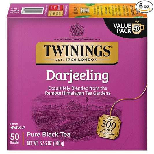 Twinings Darjeeling Black Tea Individually Wrapped Bags, 50 Count (Pack of 6), Delicate Light Taste, Caffeinated, Enjoy Hot or Iced | Packaging May Vary