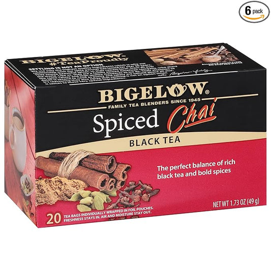 Bigelow Tea Spiced Chai Black Tea, Caffeinated Tea, 20 Count Box (Pack of 6), 120 Total Tea Bags