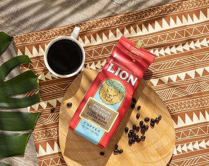 Lion Coffee Premium Gold Roast Ground Coffee, 10% Kona Blend, Medium-Light Roast, A Taste of Aloha - 7 Ounce Bag