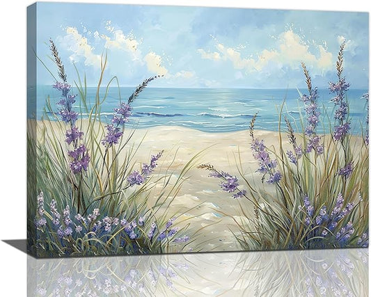 Beach Ocean Wall Art Coastal Flower Pictures Wall Decor Abstract Watercolor Seaside Canvas Painting Beach Floral Artwork for Bathroom Living Room Bedroom Kitchen Office 24 x 20 inch
