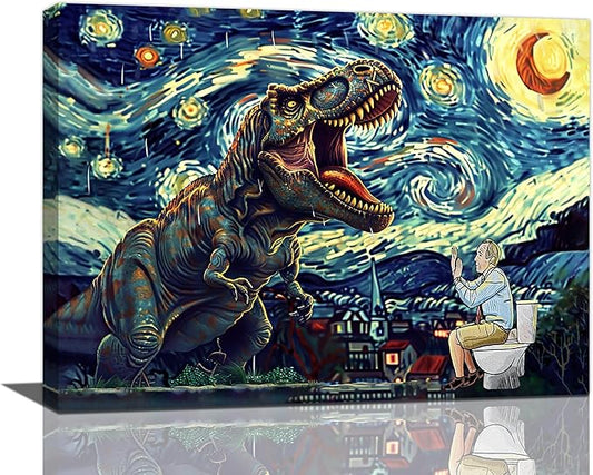 Dinosaur Bathroom Wall Art Starry Night Funny Bathroom Pictures Wall Decor Dinosaur Canvas Painting Print Home Modern Artwork Decorations Framed for Bathroom Living Room Bedroom Office 24 x 20 inch