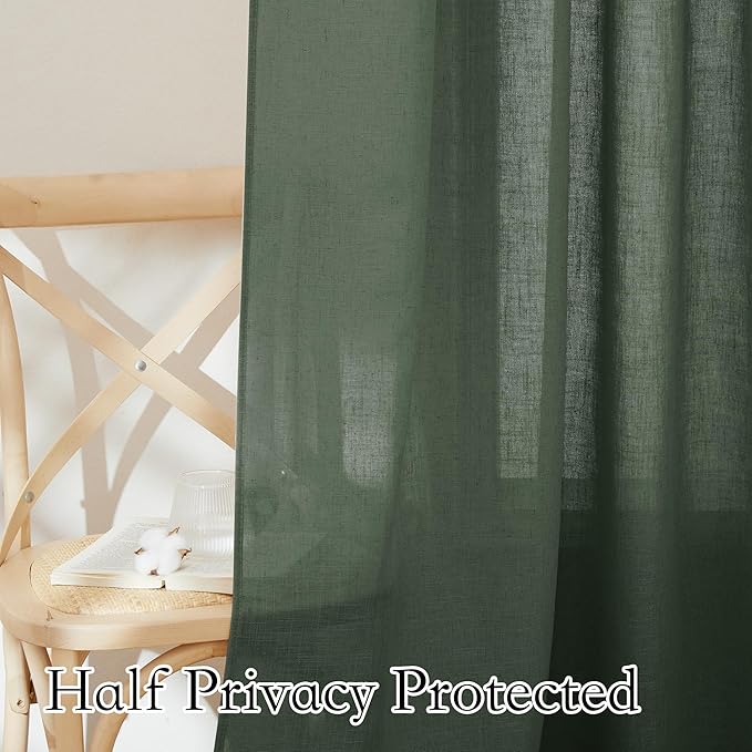 RYB HOME Linen Blended Curtains - Back Tab Vintage Thick Linen Burlap Light Filtering Decorative Sheer for Bedroom Living Room Home Office, W 52" x L 95", 2 Pcs, Hunter Green