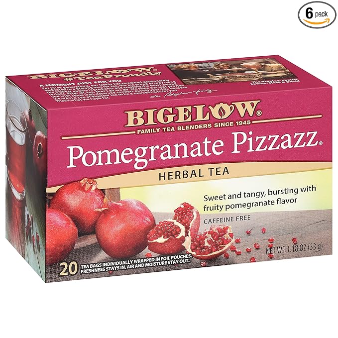Bigelow Tea Pomegranate Pizzazz Herbal Tea, Caffeine Free Tea with Pomegranate, 20 Count Box (Pack of 6), 120 Total Tea Bags