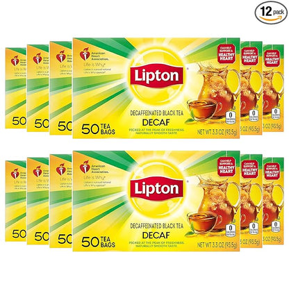 Lipton Decaf Black Tea Bags, Hot or Iced Tea, 600 Total Bags (50ct - Pack of 12)