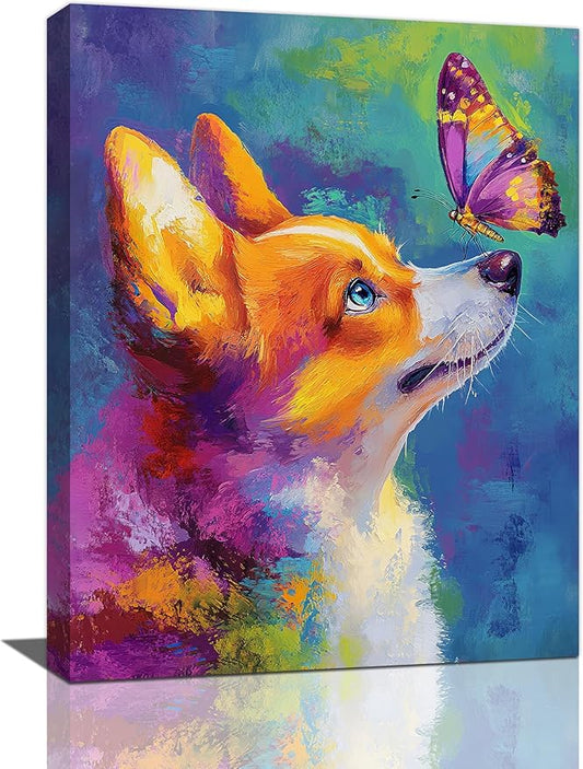 Corgi Kiss Butterfly Wall Art Dog Pictures Wall Decor Dogs Canvas Painting Print Home Modern Artwork Decorations Framed for Bathroom Living Room Bedroom Office 20 x 24 inch