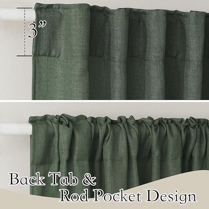 RYB HOME Linen Blended Curtains - Back Tab Vintage Thick Linen Burlap Light Filtering Decorative Sheer for Bedroom Living Room Home Office, W 52" x L 95", 2 Pcs, Hunter Green