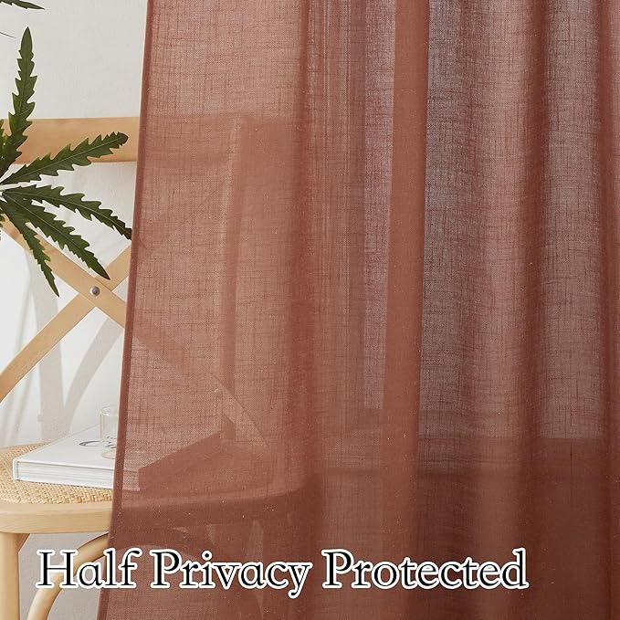 RYB HOME Natural Linen Blend Curtains for Kitchen Dining Room, Back Tab Boho Rustic Half Privacy Window Decor Semi Sheer for Bathroom Nursery, W 52 x L 72 inches, Terracotta, 2 Panels