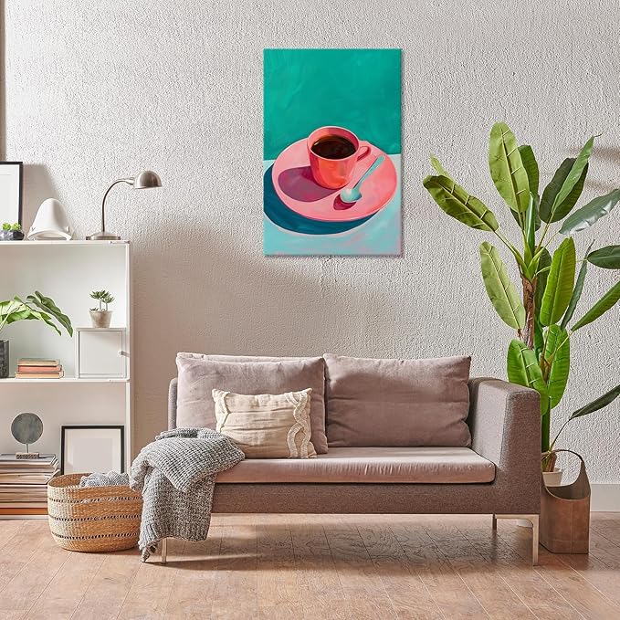 Vintage Afternoon Tea Black Coffee Wall Art Funky Pink Dinner Plate Food Canvas Posters Kitchen Coffee Pictures Prints Painting For Modern Home Dining Room Cafe Restaurant Wall Decor 8x10in Framed