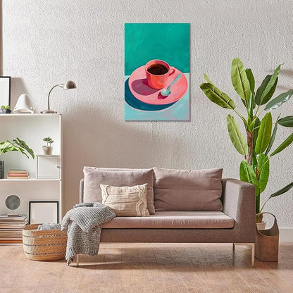 Vintage Afternoon Tea Black Coffee Wall Art Funky Pink Dinner Plate Food Canvas Posters Kitchen Coffee Pictures Prints Painting For Modern Home Dining Room Cafe Restaurant Wall Decor 8x10in Framed