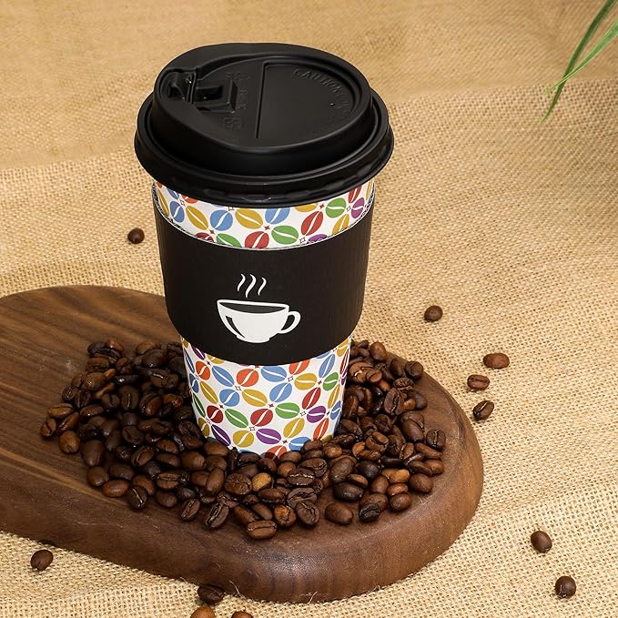 100 Pack 16 oz Disposable Coffee Cups with Lids and Sleeves, To Go Paper Cups for Hot & Cold Beverage, Sturdy Thick Paper & Leak-free, Black & White Designs for Home, Business, Café, Juice or Tea.