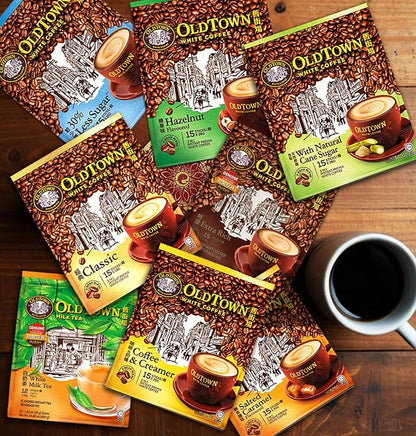 5-Pack OLDTOWN White Coffee 3 in 1 Asian Instant Coffee Package with a Cork Coaster, old town White Coffee 75 Packets with a Random Flavor Sample Packet (15 Count (Pack of 5), Classic)