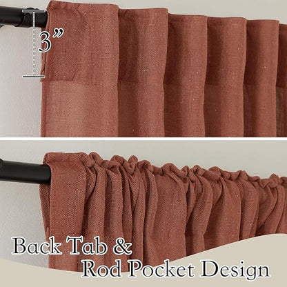 RYB HOME Natural Linen Blend Curtains for Kitchen Dining Room, Back Tab Boho Rustic Half Privacy Window Decor Semi Sheer for Bathroom Nursery, W 52 x L 72 inches, Terracotta, 2 Panels