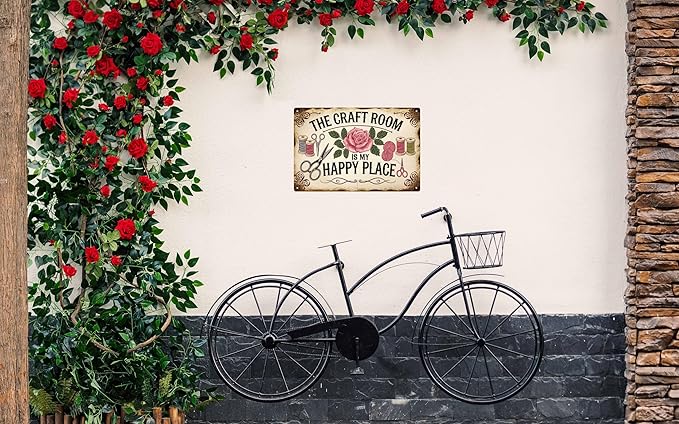 Rustic Metal Tin Sign The Craft Room Is My Happy Place 8x12 in Artistic Home & Office Decor Vintage Wall Art for Cafe Bar Restaurant Laundry Room Garage Bedroom Decoration
