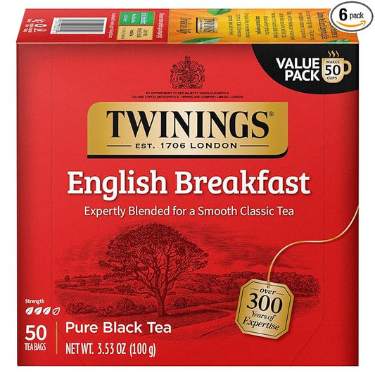 Twinings English Breakfast Black Tea Individually Wrapped Bags, 50 Count (Pack of 6), Flavourful, Robust, Caffeinated, Enjoy Hot or Iced