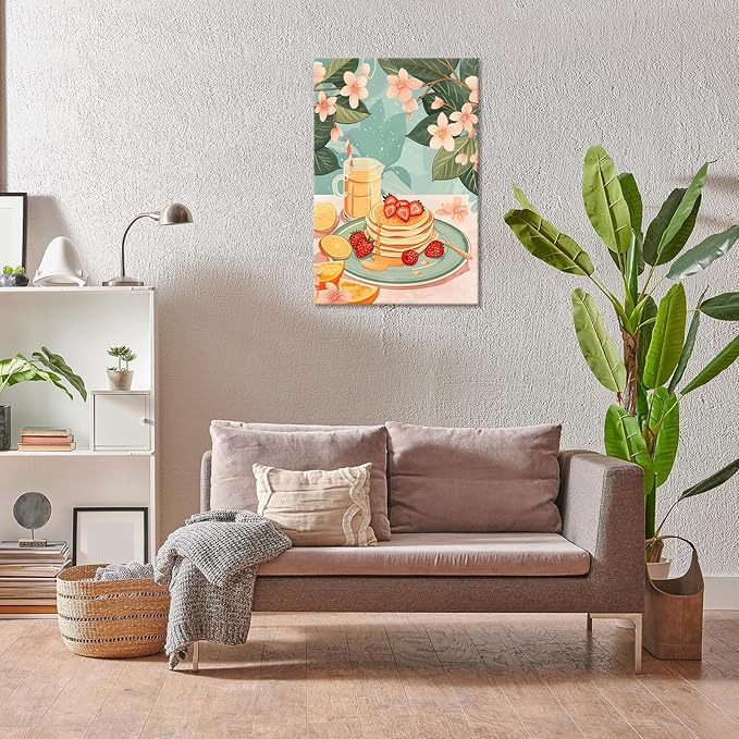 Vintage Food Afternoon Tea Kitchen Wall Art Funny Drinks Fruits Food Pastries Canvas Posters Funky Pink Strawberry Cake Orange Flowers Prints Painting For Living Room Wall Decor 8x10in Framed