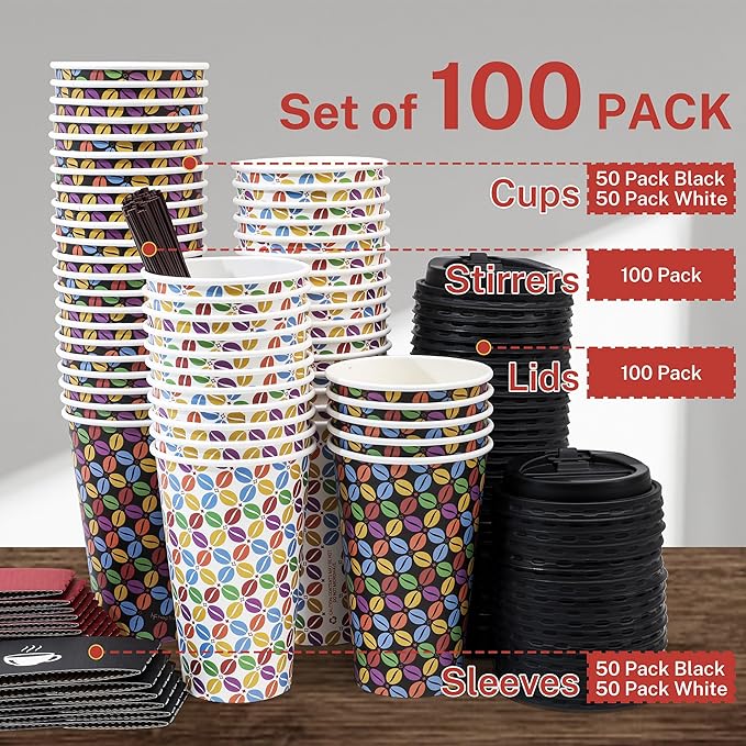 100 Pack 16 oz Disposable Coffee Cups with Lids and Sleeves, To Go Paper Cups for Hot & Cold Beverage, Sturdy Thick Paper & Leak-free, Black & White Designs for Home, Business, Café, Juice or Tea.
