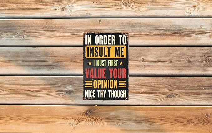 Retro Metal Sign Decor Vintage Plaque 8x12 in In Order to Insult Me I Must First Value Your Opinion Nice Try Though Funny Poster for Outdoor Garage Porch Cafe for Man Cave Wall Decor